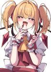  1girl absurdres alternate_hairstyle ascot blonde_hair blood blood_on_hands blush bright_pupils commentary_request crystal fang flandre_scarlet highres looking_at_viewer one_side_up open_mouth red_eyes short_sleeves skin_fang solo touhou tsukimirin two_side_up white_pupils wings yellow_ascot 