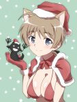  2girls absurdres animal_ears bikini blue_eyes blush breasts cat_ears cleavage closed_mouth hat highres large_breasts looking_at_viewer lynette_bishop miyafuji_yoshika multiple_girls red_bikini santa_costume santa_hat silhouette_demon simple_background smile strike_witches swimsuit tricky_46 world_witches_series 