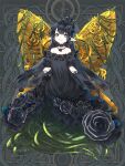  1girl bare_shoulders black_choker black_dress black_eyes black_gloves black_hair blunt_bangs blunt_ends breasts butterfly_wings choker crown dairoku_ryouhei double-parted_bangs dress dress_flower earrings enderica_(dairoku_ryouhei) fairy fairy_wings flower flower_earrings flower_necklace flower_trim full_body gears gloves grey_background hair_flower hair_ornament insect_wings jewelry leaf long_dress long_hair looking_at_viewer mechanical_wings mini_crown monster_girl off-shoulder_dress off_shoulder plant plant_girl pointy_ears puffy_short_sleeves puffy_sleeves romayasu short_eyebrows short_sleeves small_breasts smile standing star-shaped_pupils star_(symbol) symbol-shaped_pupils thorns vines wings 