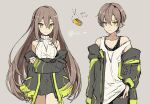  1boy 1girl adele_(fate) black_jacket black_skirt brother_and_sister brown_hair contemporary fate/grand_order fate_(series) green_eyes grey_background grey_pants hair_between_eyes jacket jewelry long_hair looking_at_viewer makarios_(fate) necklace off_shoulder open_clothes open_jacket pants ring satoimo_(3311_mi) shirt_tucked_in short_hair siblings simple_background sketch skirt sleeveless tank_top turtleneck twitter_username white_tank_top 