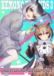  2girls anniversary bird_girl bird_wings black_hair brown_coat brown_hair coat commentary_request eurasian_eagle_owl_(kemono_friends) eyebrows_visible_through_hair fur_collar gloves grey_coat head_wings kemono_friends kemono_friends_3 long_sleeves multicolored_hair multiple_girls northern_white-faced_owl_(kemono_friends) orange_eyes owl_ears owl_girl pantyhose pickaxe short_hair tadano_magu v white_fur white_gloves white_hair white_legwear wings winter_clothes winter_coat yellow_gloves 