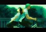  2boys back-to-back bicycle bicycle_basket black_hair closed_eyes closed_mouth day feet_out_of_frame green_hair hat hat_on_back highres leaning_back male_focus monkey_d._luffy motion_blur multiple_boys multiple_riders nok_(nok_1) one_piece outdoors riding riding_bicycle roronoa_zoro scar scar_on_cheek scar_on_face short_hair sideburns smile straw_hat 