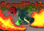  absurdres breathing_fire character_name colored_skin fangs fire green_pepper green_skin highres mujw4524 multiple_heads no_humans pokemon pokemon_(creature) red_pepper scovillain tail 