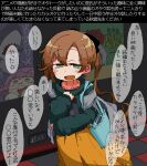  1girl ahoge akigumo_(kancolle) bag bangs blush brown_hair commentary_request enemy_lifebuoy_(kancolle) exit_sign eyebrows_visible_through_hair green_eyes green_sweater hair_ribbon holding jaggy_line kaeruyama_yoshitaka kantai_collection long_hair long_sleeves looking_at_viewer makigumo_(kancolle) mole mole_under_eye official_alternate_costume open_mouth orange_skirt ponytail poster_(object) ribbon shark skirt sweater translation_request very_long_hair 
