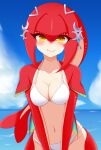  1girl ayatori_(aytr) bikini blue_sky blush breasts cleavage closed_mouth cloud collarbone colored_skin commentary_request cowboy_shot day fish_girl highres horizon looking_at_viewer md5_mismatch medium_breasts mipha monster_girl navel ocean red_skin sky smile solo stomach swimsuit the_legend_of_zelda the_legend_of_zelda:_breath_of_the_wild water white_bikini yellow_eyes zora 