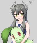  1girl :3 black_hair character_doll chikorita crop_top crossover dated green_eyes grey_background grey_neckerchief hair_ribbon headgear highres i-47_(kancolle) kantai_collection long_hair low-tied_long_hair maru_(marg0613) neckerchief one-hour_drawing_challenge pokemon pokemon_(creature) ribbon sailor_collar sailor_shirt shirt sidelocks simple_background sleeveless sleeveless_shirt stuffed_toy tress_ribbon twitter_username upper_body white_sailor_collar 