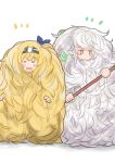  2girls absurdly_long_hair blonde_hair blue_ribbon blush brown_eyes closed_eyes commission enjaku_izuku fluffy gambier_bay_(kancolle) hair_ribbon hairband highres holding kantai_collection long_hair multiple_girls open_mouth ribbon simple_background too_much_fluff unryuu_(kancolle) very_long_hair white_background white_hair 