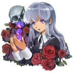  1girl absurdres blue_lips breasts flower grey_hair hands_up highres level-00 long_hair long_sleeves medium_breasts original parted_lips procreate_(medium) purple_eyes red_flower red_rose rose simple_background skull skull-shaped_pupils solo symbol-shaped_pupils thorns upper_body white_background 