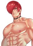  1boy abs bangs bara beniazumaru black_choker choker closed_mouth hair_over_one_eye hand_up highres large_pectorals looking_at_viewer male_focus muscular muscular_male navel nipples one_eye_covered pectorals red_eyes red_hair short_hair solo the_king_of_fighters the_king_of_fighters_&#039;95 the_king_of_fighters_xv upper_body white_background yagami_iori 