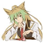  1girl ahoge animal_ears atalanta_(fate) bien_(pixiv_18619417) black_vest blonde_hair closed_mouth collared_shirt fate/apocrypha fate/grand_order fate_(series) gradient_hair green_eyes green_hair long_sleeves looking_at_viewer multicolored_hair necktie red_necktie shirt simple_background solo vest white_background white_shirt 