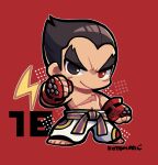  1boy black_eyes black_hair chibi clenched_hands fingerless_gloves full_body gloves heterochromia kotorai male_focus mishima_kazuya no_nose pants red_background red_eyes red_gloves scar scar_on_arm scar_on_cheek scar_on_chest scar_on_face smile solo standing studded_gloves tekken topless_male white_pants 