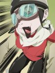  1boy 1girl black_pants breasts fangs flcl goggles haruhara_haruko helmet highres nandaba_naota open_mouth pants pink_punk_ponk reflection retro_artstyle tongue 