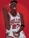  1boy baseball_uniform basketball basketball_jersey basketball_uniform chicago_bulls dark-skinned_male dark_skin jersey looking_at_viewer male_focus michael_jordan national_basketball_association non-web_source simple_background smile solo sportswear 