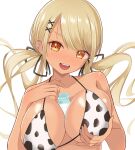  1girl animal_print barbell_piercing between_breasts bikini black_ribbon blonde_hair bottle breasts cow_print cow_print_bikini dark-skinned_female dark_skin ear_piercing fang floating_hair grabbing_own_breast gyaru hair_ornament hair_ribbon hhh8_8 highres kaminari_qpi lightning_bolt_piercing long_hair looking_at_viewer low_twintails milk milk_bottle open_mouth orange_eyes piercing print_bikini ribbon simple_background smile solo string_bikini swept_bangs swimsuit twintails virtual_youtuber vspo! white_background x_hair_ornament 