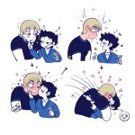  2boys arrow_(symbol) black_hair black_shirt blonde_hair blush closed_eyes cocktail_glass commentary cup drinking_glass full-face_blush hand_on_another&#039;s_chin heart highres holding holding_cup kiss kissing_cheek long_sleeves looking_at_another male_focus multiple_boys one_eye_closed open_mouth scott_pilgrim_(series) scott_pilgrim_takes_off shirt short_hair short_sleeves simple_background smile symbol-only_commentary thought_bubble todd_ingram tokagen0 upper_body wallace_wells white_background yaoi 
