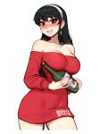  1girl :d alcohol artist_name bare_shoulders black_hair blush blushyspicy bottle breasts cleavage cowboy_shot dress earrings english_commentary english_text hairband holding holding_bottle jewelry large_breasts long_hair long_sleeves looking_at_viewer no_legwear off-shoulder_dress off-shoulder_sweater off_shoulder red_eyes red_sweater refrigerator sidelocks smile solo spy_x_family sweater sweater_dress transparent_background yor_briar 