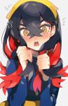  !? 1girl black_hair blue_jacket blush buttons carmine_(pokemon) colored_inner_hair crossed_bangs eyelashes gloves grabbing_own_hair hair_between_eyes hairband highres jacket kawasaki_(kwsk_8765) long_hair long_sleeves looking_at_viewer mole mole_under_eye multicolored_hair open_mouth pokemon pokemon_sv red_gloves red_hair single_glove solo two-tone_hair yellow_eyes yellow_hairband 