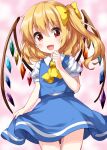  1girl :d ascot bangs blonde_hair blue_skirt blue_vest blush bow commentary_request cosplay cowboy_shot crystal daiyousei daiyousei_(cosplay) eyebrows_visible_through_hair flandre_scarlet flat_chest hair_between_eyes hair_bow hand_on_own_chin hand_up highres looking_at_viewer no_hat no_headwear one-hour_drawing_challenge one_side_up open_mouth pink_background puffy_short_sleeves puffy_sleeves red_eyes ruu_(tksymkw) short_hair short_sleeves simple_background skirt skirt_hold smile solo touhou vest wings yellow_ascot yellow_bow 