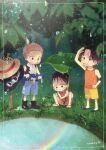  3boys ascot bandaid bandaid_on_face belt black_hair black_shirt blonde_hair blue_shorts boots child elbow_pads forest frog goggles goggles_on_headwear hat highres looking_down looking_up monkey_d._luffy multiple_boys nature nekochanko1 on_grass one_piece orange_shirt portgas_d._ace rainbow red_shirt red_shorts sabo_(one_piece) sandals scar scar_on_face shirt shoes shorts signature smile squatting straw_hat tank_top top_hat water white_ascot yellow_shorts 