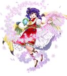  1girl bracelet dragon_girl dragon_wings dragonstone dress fire_emblem fire_emblem:_the_sacred_stones fire_emblem_heroes flower frilled_dress frills hair_flower hair_ornament highres holding holding_flower jewelry non-web_source official_alternate_costume official_art open_mouth puffy_short_sleeves puffy_sleeves purple_eyes purple_hair red_dress short_sleeves solo two_side_up white_dress wings 