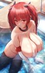  1girl absurdres azur_lane bangs bare_shoulders blush breasts cleavage collarbone highres honolulu_(azur_lane) large_breasts long_hair looking_at_viewer red_eyes red_hair solo tiri_man twintails 