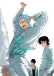  absurdres alternate_costume alternate_hair_length alternate_hairstyle arm_behind_head arm_up black_hair black_shirt bleach blue_eyes blue_hair blue_shirt blurry blurry_foreground collarbone diao_bu_landuo green_eyes grimmjow_jaegerjaquez hair_between_eyes hand_in_pocket highres jacket jewelry long_sleeves looking_at_viewer multiple_boys necklace nnoitra_gilga one_eye_closed open_clothes open_jacket open_mouth pants school_uniform shirt stretching tearing_up teeth ulquiorra_cifer white_background white_jacket white_pants yawning 