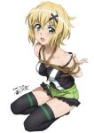  1girl akatsuki_kirika arms_behind_back bdsm blonde_hair bondage bound breast_bondage breasts dated frilled_shorts frills fujikawa_daichi green_eyes hair_ornament kneeling medium_breasts rope senki_zesshou_symphogear shorts signature thighhighs white_background x_hair_ornament 