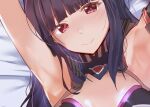  1girl arito_arayuru armpits bangs blunt_bangs blush commentary_request eyebrows_visible_through_hair hoshi_to_tsubasa_no_paradox long_hair looking_at_viewer portrait purple_hair red_eyes reika_(hoshi_to_tsubasa_no_paradox) sidelocks smile solo 