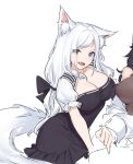  2girls :d animal_ear_fluff animal_ears black_dress breasts cleavage commentary contrapposto dress english_commentary fangs fox_ears fox_tail grey_eyes large_breasts long_hair looking_at_viewer low-tied_long_hair multiple_girls open_mouth original puffy_short_sleeves puffy_sleeves short_sleeves shrug_(clothing) simple_background siun skin_fangs smile solo_focus tail white_background white_hair 