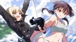  2girls :d abs animal_ears arms_up bad_id bad_twitter_id bangs black_hair black_jacket black_ribbon blonde_hair blue_sky blurry blurry_background brown_eyes brown_hair cloud cloudy_sky commentary day depth_of_field dog_ears erica_hartmann gertrud_barkhorn grey_panties grey_sports_bra grin gun hair_ribbon highres holding holding_gun holding_weapon ichiren_namiro jacket light_particles long_hair long_sleeves low_twintails military military_uniform multicolored_hair multiple_girls navel open_mouth outdoors outside_border panties revolver ribbon short_hair sky smile sparkle sports_bra strike_witches twintails two-tone_hair underwear uniform weapon white_panties world_witches_series 