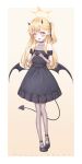  1girl absurdres amerika_neko black_dress black_footwear black_pantyhose blonde_hair blue_archive commentary demon_tail demon_wings dress full_body halo highres ibuki_(blue_archive) ibuki_(dress)_(blue_archive) long_hair official_alternate_costume pantyhose pointy_ears revision shoes side_ponytail solo tail wings yellow_eyes 
