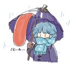  1girl blue_eyes blue_hair blue_scarf blush commentary gloves heterochromia holding holding_umbrella karakasa_obake purple_umbrella rain red_eyes scarf short_hair solo symbol-only_commentary tatara_kogasa tongue touhou translation_request uisu_(noguchipint) umbrella upper_body winter_clothes 