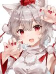  1girl :d animal_ear_fluff animal_ears armpits arms_up breasts claw_pose detached_sleeves fang hat highres inubashiri_momiji looking_at_viewer nail_polish nasub2929 open_mouth pom_pom_(clothes) red_eyes red_nails shirt short_hair simple_background smile solo tokin_hat touhou white_background white_hair white_shirt white_sleeves wolf_ears wolf_girl 