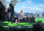  3boys 3girls ai-wa animal ankle_lace-up apron arm_support ascot azura_(fire_emblem) barefoot black_footwear black_jacket blonde_hair blue_hair blurry boots braid brick_wall brown_hair child climbing closed_eyes commentary day depth_of_field dress english_commentary fire_emblem fire_emblem_fates flower gloves grass green_pants grey_dress grey_shirt hair_between_eyes hairband hand_up head_scarf highres holding holding_reins horse jacket knee_boots leo_(fire_emblem) light_brown_hair long_hair long_hair_between_eyes looking_at_another low-tied_long_hair mountainous_horizon multiple_boys multiple_girls on_ground outdoors pants pond puffy_short_sleeves puffy_sleeves reins ruins shawl shirt shoes short_hair short_sleeves sitting sky smile standing tiptoes veil very_long_hair wariza water white_apron white_ascot white_dress white_flower white_gloves white_headwear white_pants 