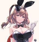  1girl alternate_costume animal_ears armband black_bow black_bowtie black_leotard bow bowtie breasts brown_hair cleavage detached_collar eyebrows_visible_through_hair fake_animal_ears gloves grey_eyes hair_between_eyes hair_ornament highres kantai_collection large_breasts leotard looking_at_viewer playboy_bunny ponytail rabbit_ears red_armband revision rokuwata_tomoe saratoga_(kancolle) side_ponytail sidelocks simple_background smile smokestack twitter_username upper_body white_gloves wrist_cuffs yellow_background 