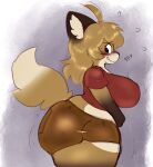 anthro averi_(fiddleafox) big_breasts big_butt bottomwear breasts brown_body brown_clothing brown_fur butt canid canine clothing dipstick_tail embarrassed female female_anthro fox fur gloves_(marking) hair hi_res leg_markings looking_back mammal markings red_clothing shorts simple_background socks_(marking) solo tail tail_markings tearing_clothing torn_clothing unknown_artist white_body white_fur