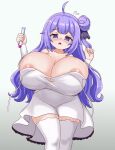  1girl ahoge alternate_breast_size areola_slip azur_lane blush breast_expansion breasts commission dress flying_sweatdrops gigantic_breasts gradient_background hair_bun highres holding holding_test_tube long_hair nav_(itsnav) open_mouth oppai_loli plump potion purple_eyes purple_hair shortstack simple_background single_side_bun solo test_tube thighhighs unicorn_(azur_lane) very_long_hair wardrobe_malfunction white_dress white_thighhighs zettai_ryouiki 