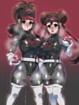  2girls black_leotard bodysuit boots breasts cameltoe covered_nipples cowboy_shot double_bun gloves hair_bun highres hilda_(pokemon) holding holding_poke_ball large_breasts leotard long_hair multiple_girls nipples non-web_source open_mouth pee peeing poke_ball poke_ball_(basic) pokemon pokemon_bw pokemon_bw2 ponytail rosa_(pokemon) saliva team_rocket team_rocket_uniform thigh_boots thighhighs twintails white_gloves xenoxeno 