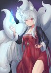  1girl :o absurdres animal_ears blue_fire blush breasts cleavage fire fox_ears fox_tail hanbok hand_on_hip highres korean_clothes kumiho kyuubi livingdead_(wmg7776) looking_at_viewer medium_breasts multiple_tails original red_eyes side_slit solo tail thighs white_hair white_tail 