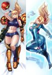  1girl abs arm_cannon armor armored_boots artist_name ass bare_shoulders bed_sheet blonde_hair blue_bodysuit blue_eyes bodysuit boots breasts commentary dakimakura_(medium) full_body hakuramen helmet highres lips long_hair looking_at_viewer lying medium_breasts metroid midriff mole mole_under_mouth multiple_views navel on_back parted_lips ponytail power_armor samus_aran shiny_clothes shorts shoulder_armor sidelocks skin_tight sleeveless stomach tank_top thighs turtleneck unworn_armor weapon wristband zero_suit 
