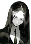  1other absurdres androgynous bort closed_mouth collared_shirt gem_uniform_(houseki_no_kuni) highres houseki_no_kuni long_hair looking_at_viewer monochrome necktie other_focus parted_bangs shirt solo straight_hair upper_body yonq98 