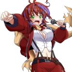  1girl :d akane_canna akane_canna_(1st_costume) antenna_hair armor belt black_belt blush breasts brown_belt button_gap cleavage clenched_hand commentary_request green_eyes hair_intakes holding holding_microphone jacket large_breasts looking_at_viewer loose_belt microphone midriff miso_panda multicolored_hair nanashi_inc. navel open_mouth pauldrons pencil_skirt plaid plaid_jacket purple_hair red_hair red_jacket red_skirt scarf shirt short_hair shoulder_armor simple_background single_pauldron skirt smile solo streaked_hair suspender_skirt suspenders sweat teeth torn_clothes torn_scarf transparent_background two-sided_fabric two-sided_jacket two-tone_hair upper_body upper_teeth_only virtual_youtuber white_shirt wing_hair_ornament yellow_scarf zipper 