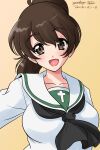  1girl artist_name bangs black_neckerchief blouse brown_eyes brown_hair commentary dated eyebrows_visible_through_hair girls_und_panzer koyama_yuzu long_sleeves looking_at_viewer matsui_yasutsugu medium_hair neckerchief ooarai_school_uniform open_mouth sailor_collar school_uniform serafuku short_ponytail signature simple_background smile solo white_blouse white_sailor_collar 