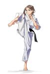  1girl barefoot brown_hair commentary dougi english_commentary fighting_stance hands_up highres karate_gi knee_up long_sleeves looking_ahead original pants parted_lips ponytail sash simple_background solo standing standing_on_one_leg tbocart white_background white_pants 