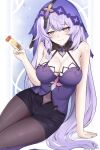  1girl absurdres arm_support bare_arms bare_shoulders black_shorts black_swan_(honkai:_star_rail) breasts brulee cleavage commentary covered_navel hand_up highres honkai:_star_rail honkai_(series) large_breasts long_hair looking_at_viewer nail_polish pantyhose purple_hair purple_nails short_shorts shorts sitting solo star_rail_special_pass_(honkai:_star_rail) thighs veil very_long_hair yellow_eyes 