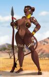 anthro anthrofied breasts brown_body brown_fur disney el-loko felid female fur genitals hi_res holding_object holding_weapon jewelry lion looking_at_viewer mammal markings melee_weapon nala_(the_lion_king) nude pantherine piercing polearm pussy smile solo spear tail the_lion_king tribal tribal_markings weapon wide_hips