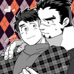  2boys akashi_(live_a_hero) bara blush checkered_background couple facial_hair fujishima_kazuya goatee greyscale_with_colored_background hand_on_another&#039;s_shoulder highres large_hands light_smile live_a_hero long_sideburns male_focus male_protagonist_(live_a_hero) motion_lines multiple_boys nervous short_hair sideburns sweatdrop thick_eyebrows upper_body yaoi 