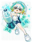  1boy artist_name ballpoint_splatling_(splatoon) bike_shorts blue_hair border commentary_request fizzy_bomb_(splatoon) full_body gradient_hair green_hair grid_background gun headphones highres holding holding_gun holding_weapon inkling_boy inkling_player_character multicolored_hair n2uohichan open_mouth orange_eyes outside_border paint paint_splatter pointy_ears shirt shoes short_hair simple_background solo splatoon_(series) splatoon_3 teeth tentacle_hair twitter_username two-tone_hair upper_teeth_only weapon white_background white_border white_footwear white_shirt 