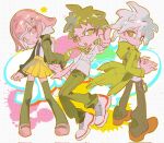  1girl 2boys ahoge brown_hair collared_shirt copyright_request danganronpa_(series) danganronpa_2:_goodbye_despair flipped_hair galaga green_jacket grey_hair hair_between_eyes hair_ornament highres hinata_hajime hood jacket kiyoshi_st komaeda_nagito long_sleeves looking_at_viewer medium_hair messy_hair multiple_boys nanami_chiaki neck_ribbon open_clothes open_jacket pants pink_eyes ribbon shirt short_hair thighhighs white_shirt 