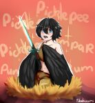  1girl artist_name bad_deviantart_id bad_id bangs bare_shoulders bird_legs black_hair black_wings blue_eyes blush bob_cut collarbone dark_souls_(series) dark_souls_iii english_text excited feathered_wings fubukizami hair_between_eyes harpy holding holding_sword holding_weapon looking_at_object midriff midriff_peek monster_girl navel nest open_mouth orange_background pickle_pee_pump-a-rum_crow rags short_hair signature sitting solo sparkle sparkling_eyes sword weapon wings 